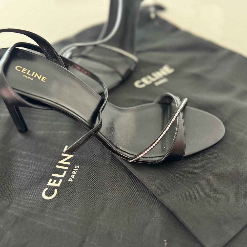 Celine Black Strappy Heels with Silver Accents - Picture 2 of 4
